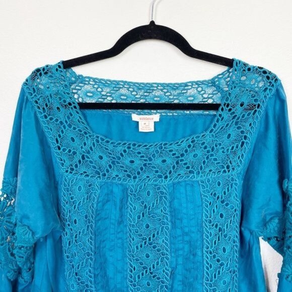 Sundance Enchanted Evening Silk Tunic Blue Teal Crochet Lace Medium - Picture 4 of 7